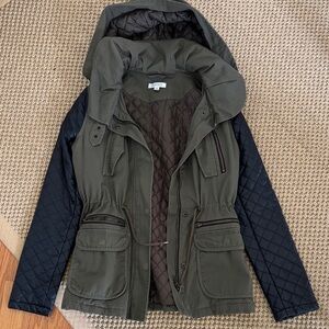 Barneys New York Army Green Faux Leather Quilted Sleeve Hooded Anorak Jacket XS